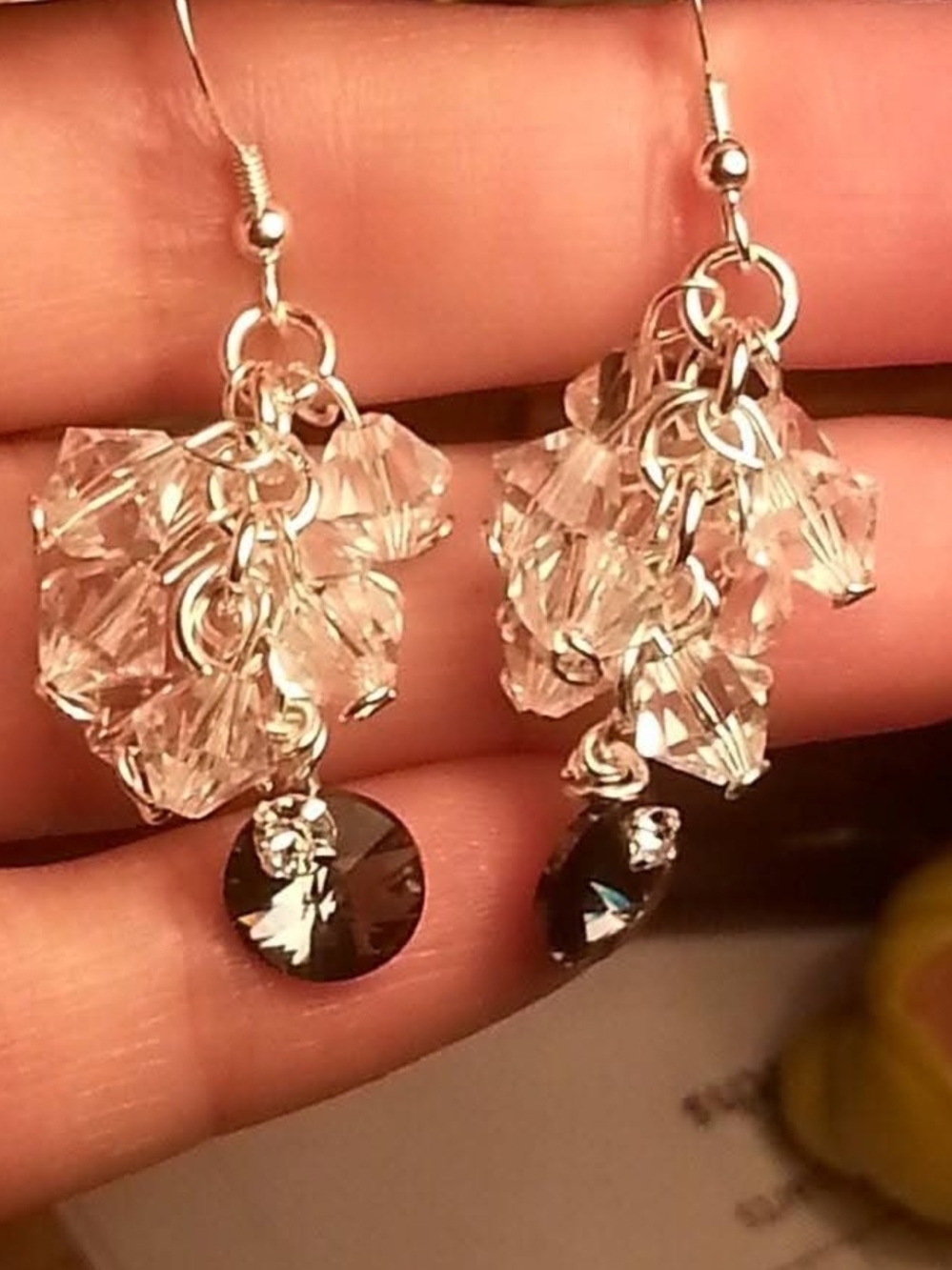 Crystal Cluster Drop Earrings - Clear and Silver